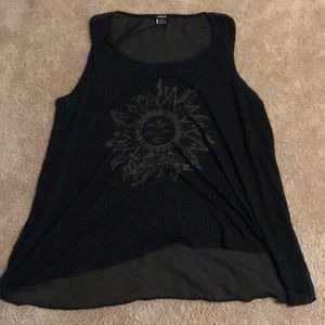 High low, transparent back, black tank top